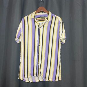 Primary vertical stripe shirt in purple/yellow/black/white
